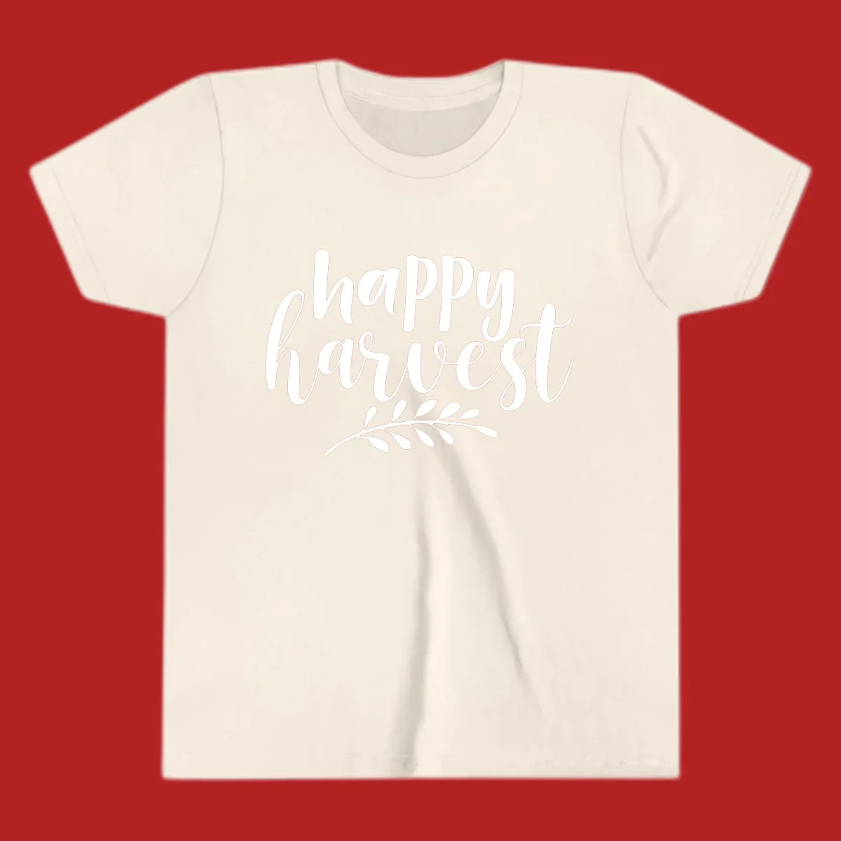 Happy Harvest text with fall leaves graphic, white on black background