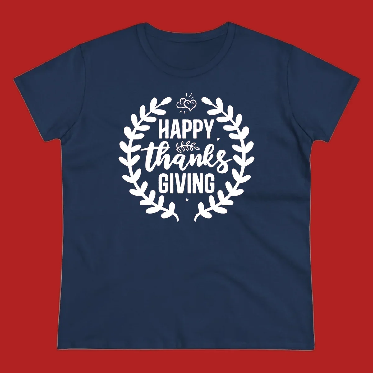 Happy Thanksgiving lettering inside a laurel wreath with hearts and stars.
