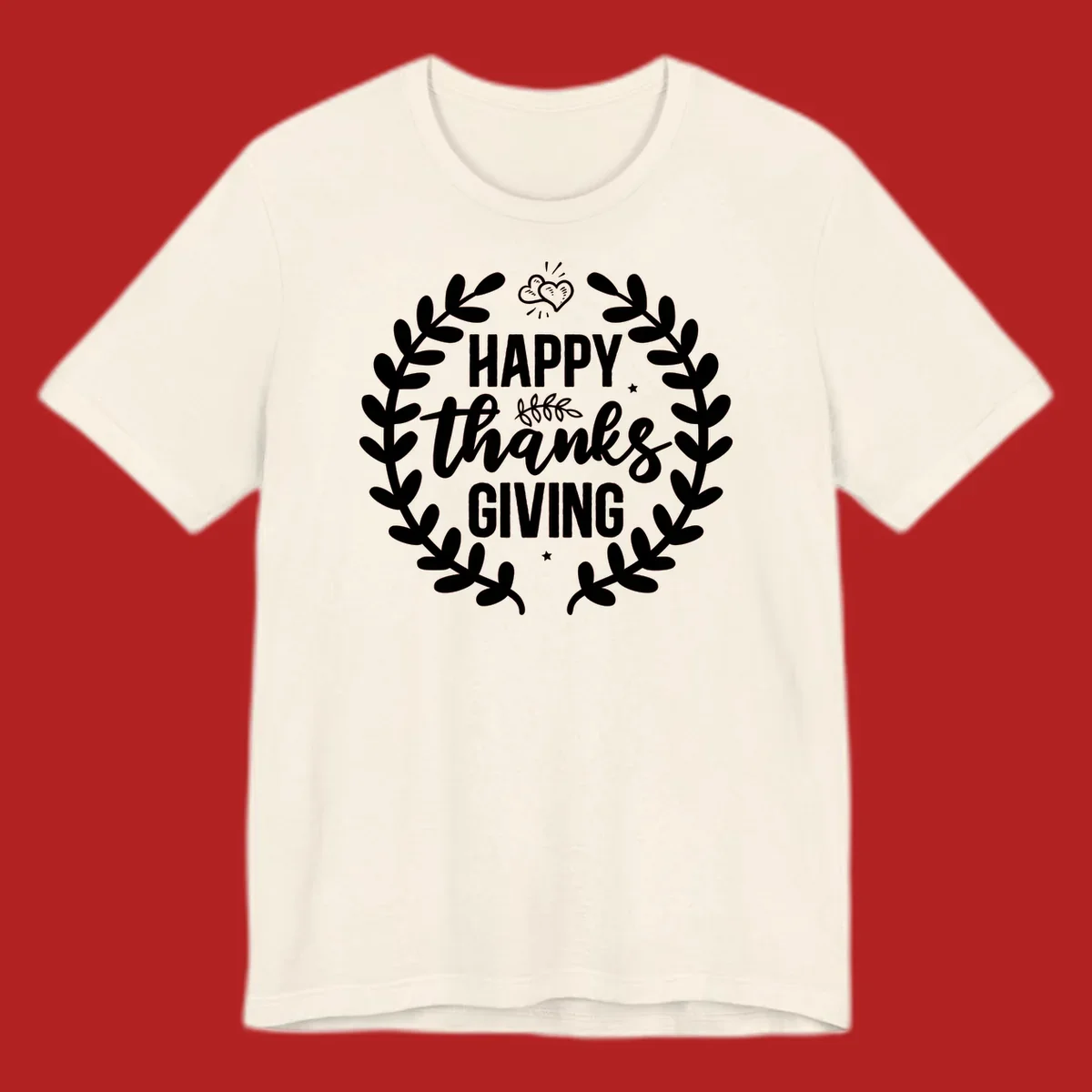 Happy Thanksgiving lettering inside a laurel wreath with hearts and stars.