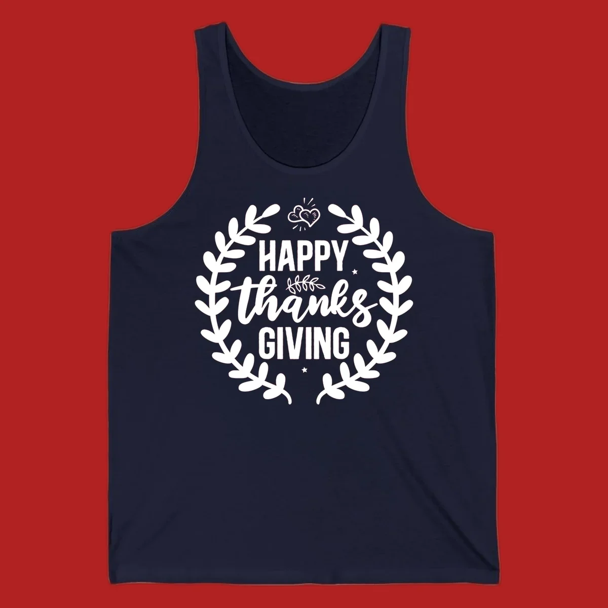 Happy Thanksgiving lettering inside a laurel wreath with hearts and stars.