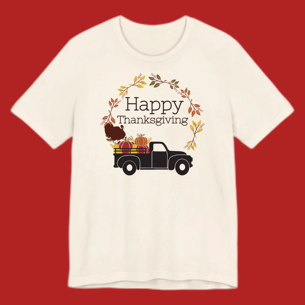 Happy Thanksgiving text with a vintage truck, pumpkins, and fall wreath. Thanksgiving-truck-pumpkins.