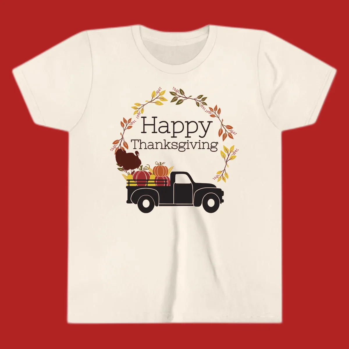 Happy Thanksgiving text with a vintage truck, pumpkins, and fall wreath. Thanksgiving-truck-pumpkins.