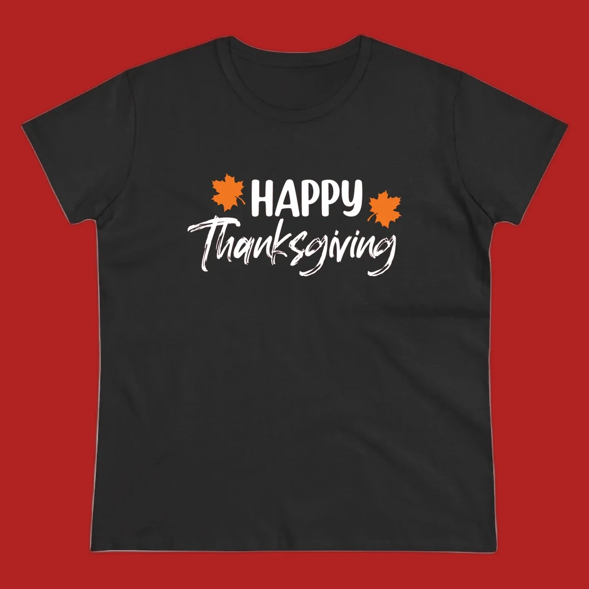 Happy Thanksgiving text with orange maple leaves, holiday design.