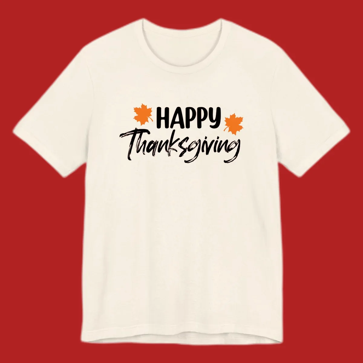 Happy Thanksgiving text with orange maple leaves, holiday design.