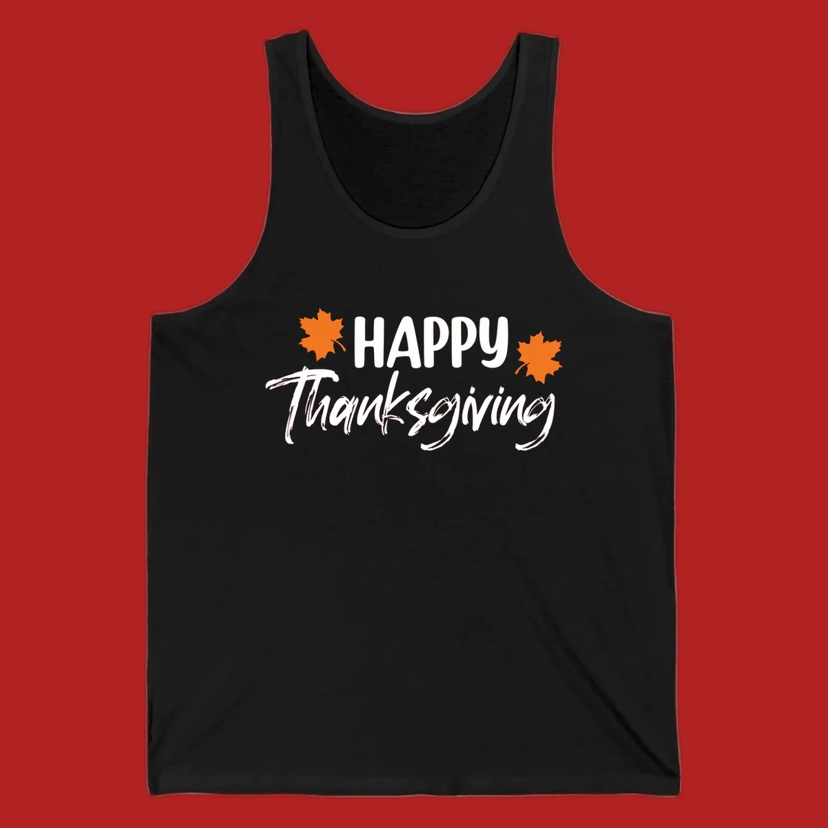 Happy Thanksgiving text with orange maple leaves, holiday design.