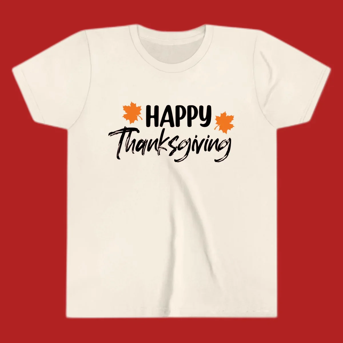 Happy Thanksgiving text with orange maple leaves, holiday design.