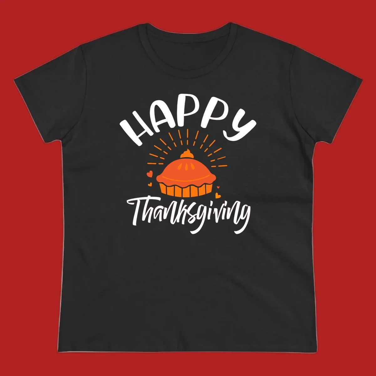 Happy Thanksgiving text with a pie illustration and heart accents