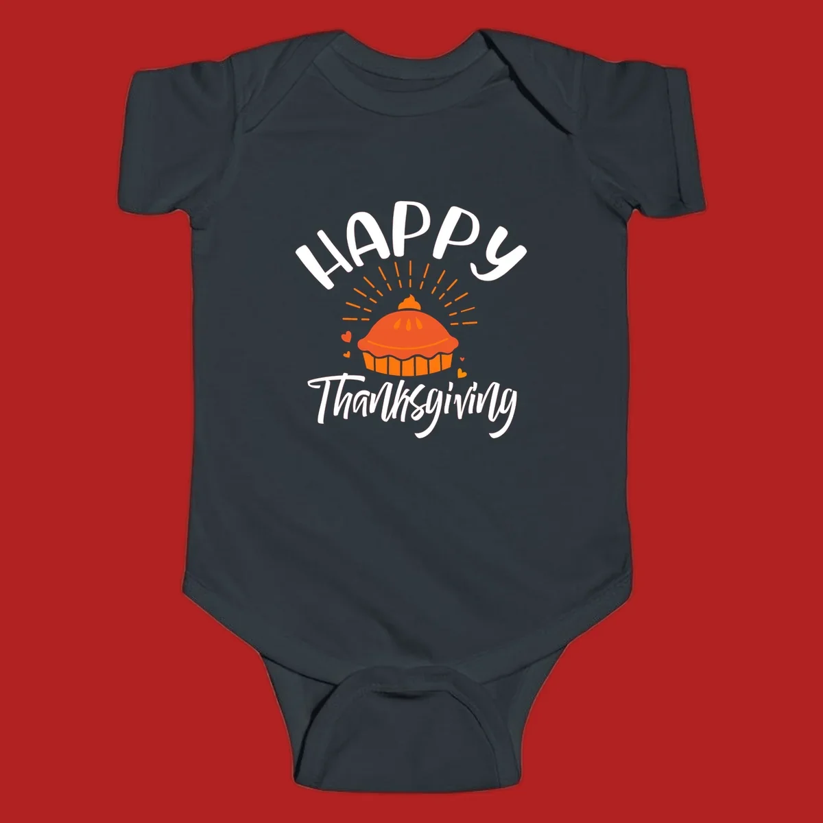 Happy Thanksgiving text with a pie illustration and heart accents