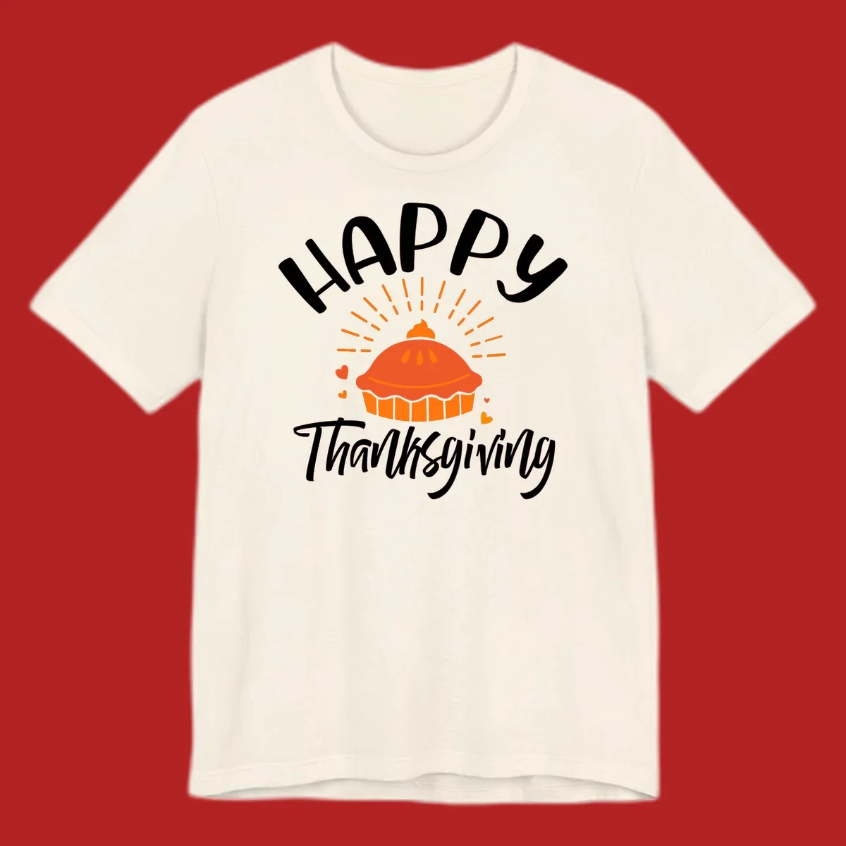 Happy Thanksgiving text with a pie illustration and heart accents