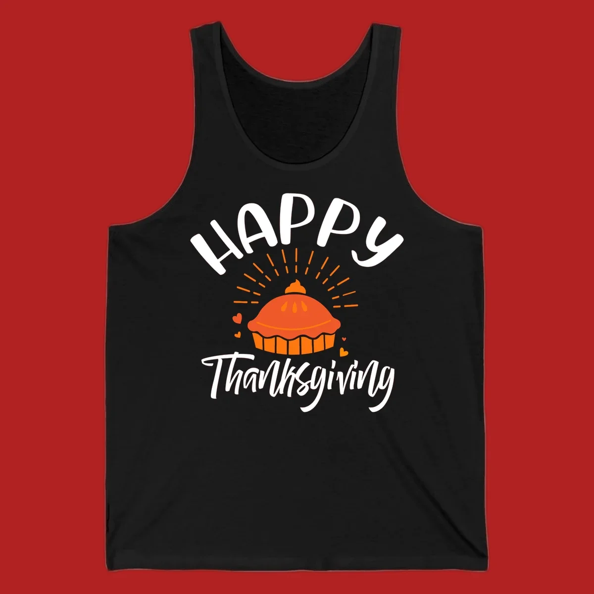 Happy Thanksgiving text with a pie illustration and heart accents