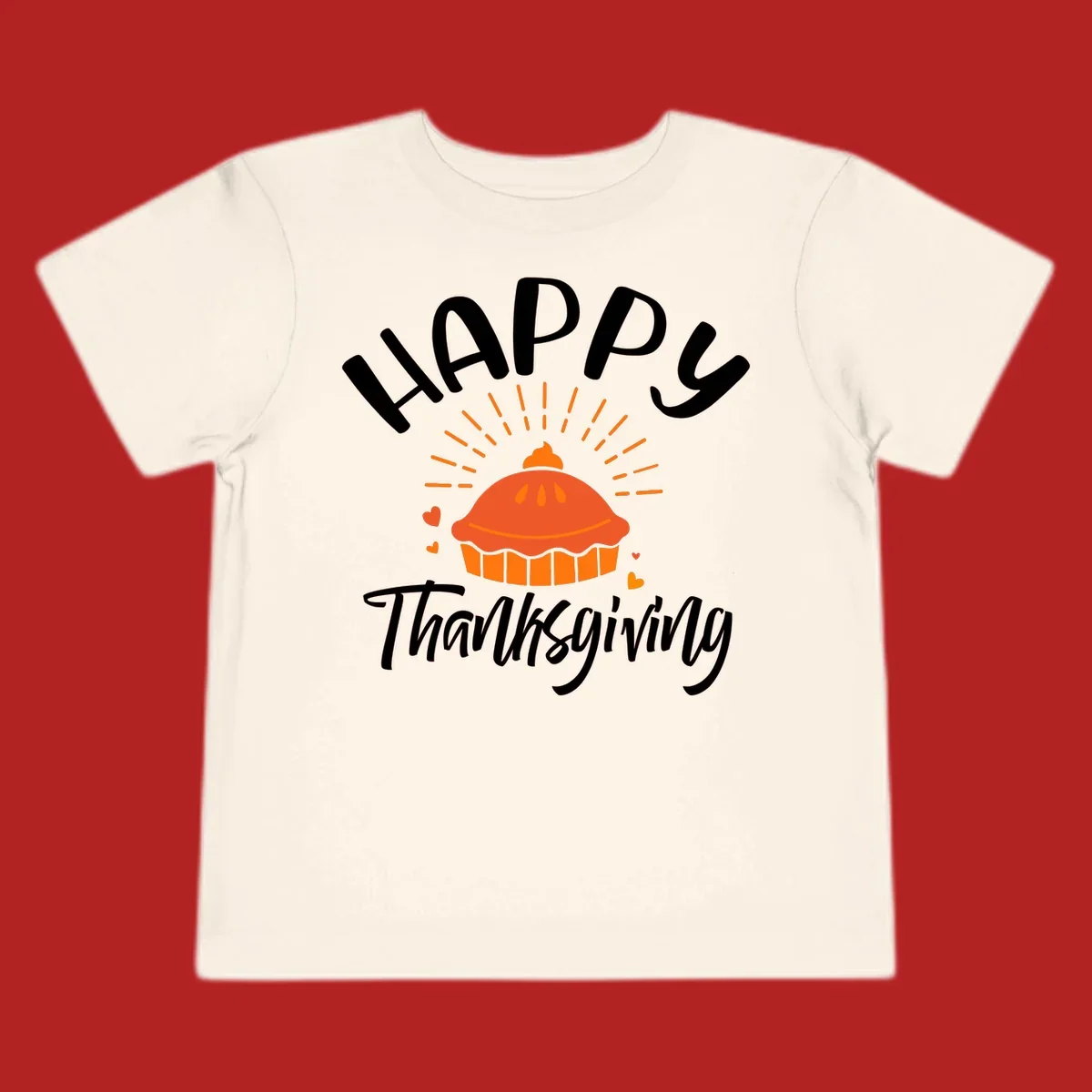 Happy Thanksgiving text with a pie illustration and heart accents
