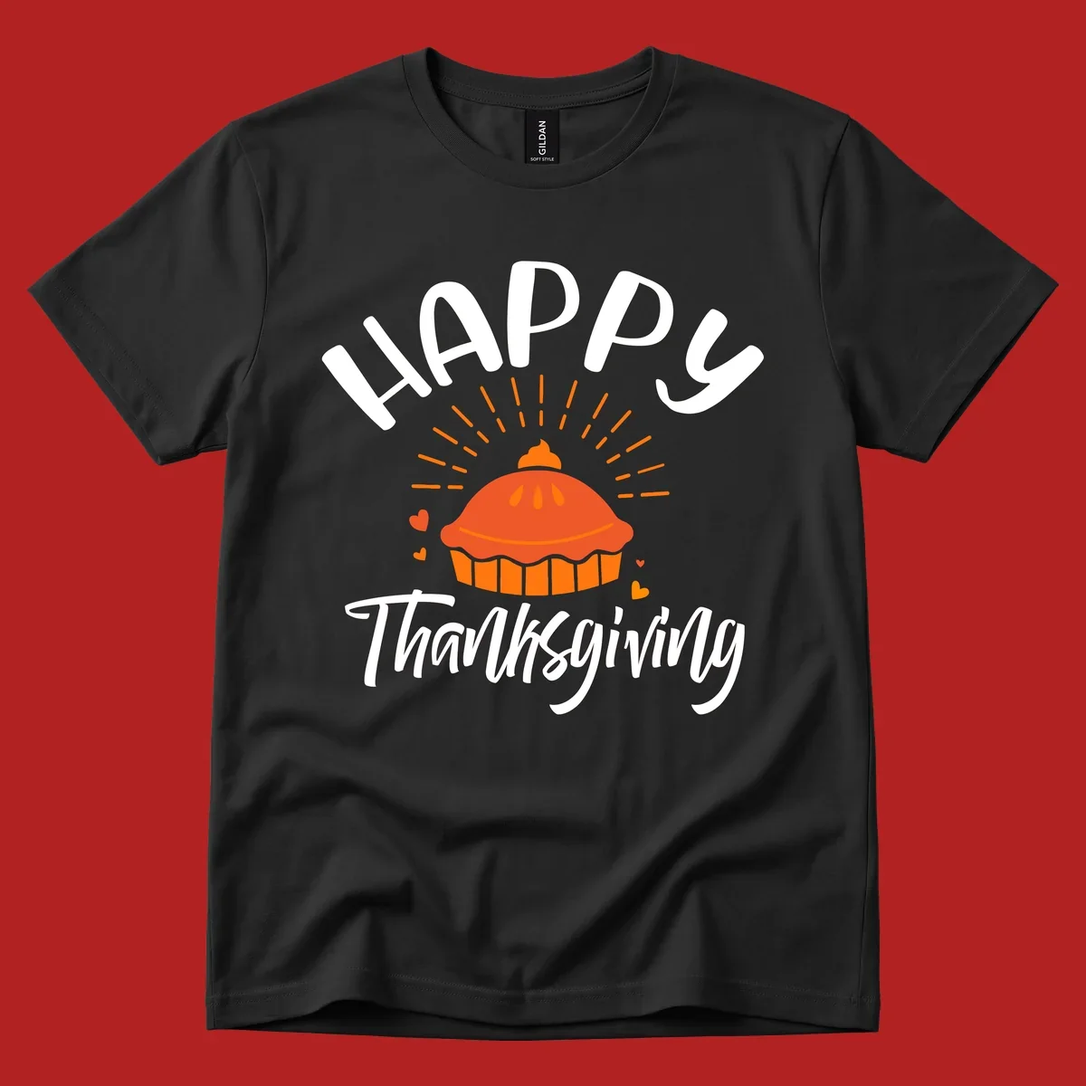 Happy Thanksgiving text with a pie illustration and heart accents