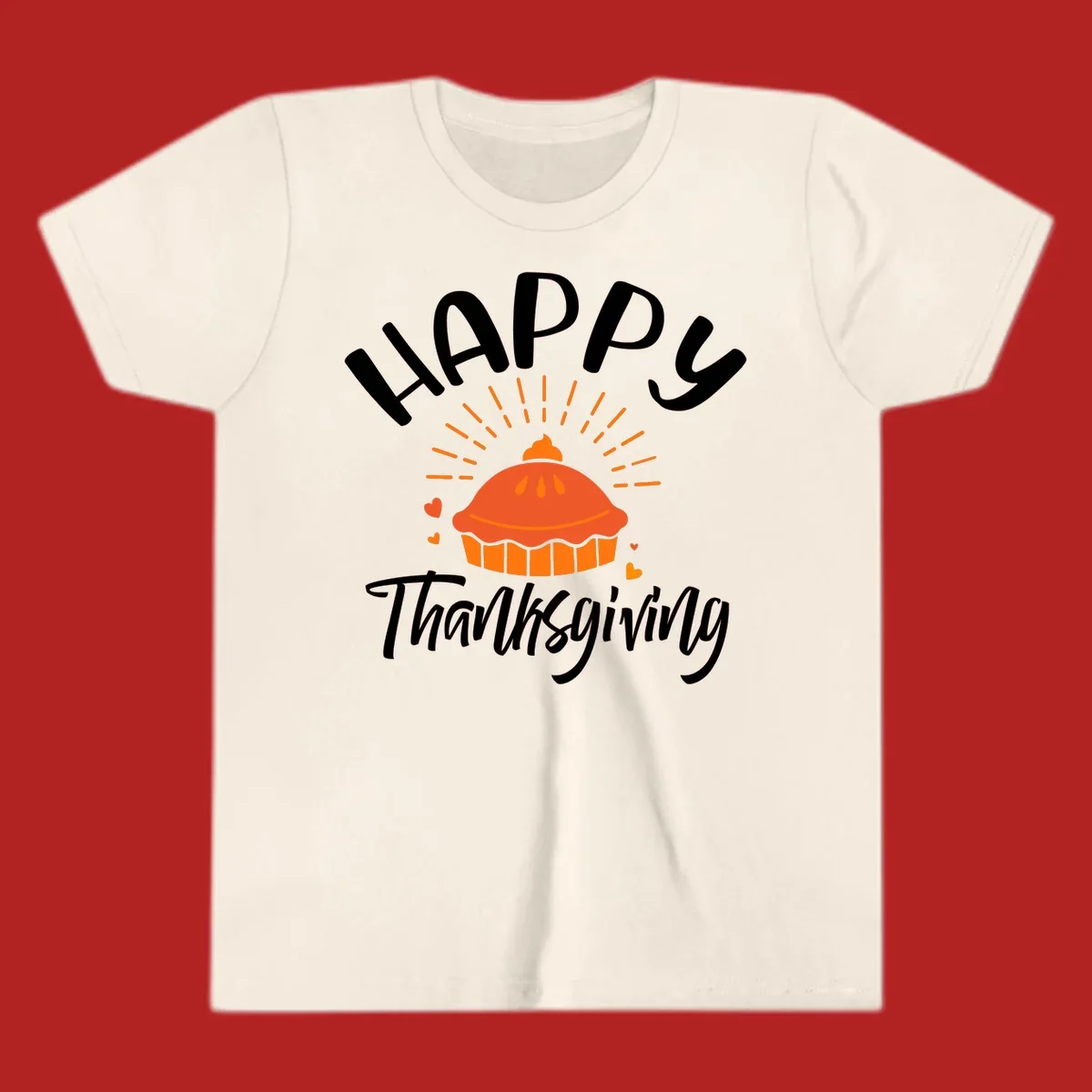 Happy Thanksgiving text with a pie illustration and heart accents
