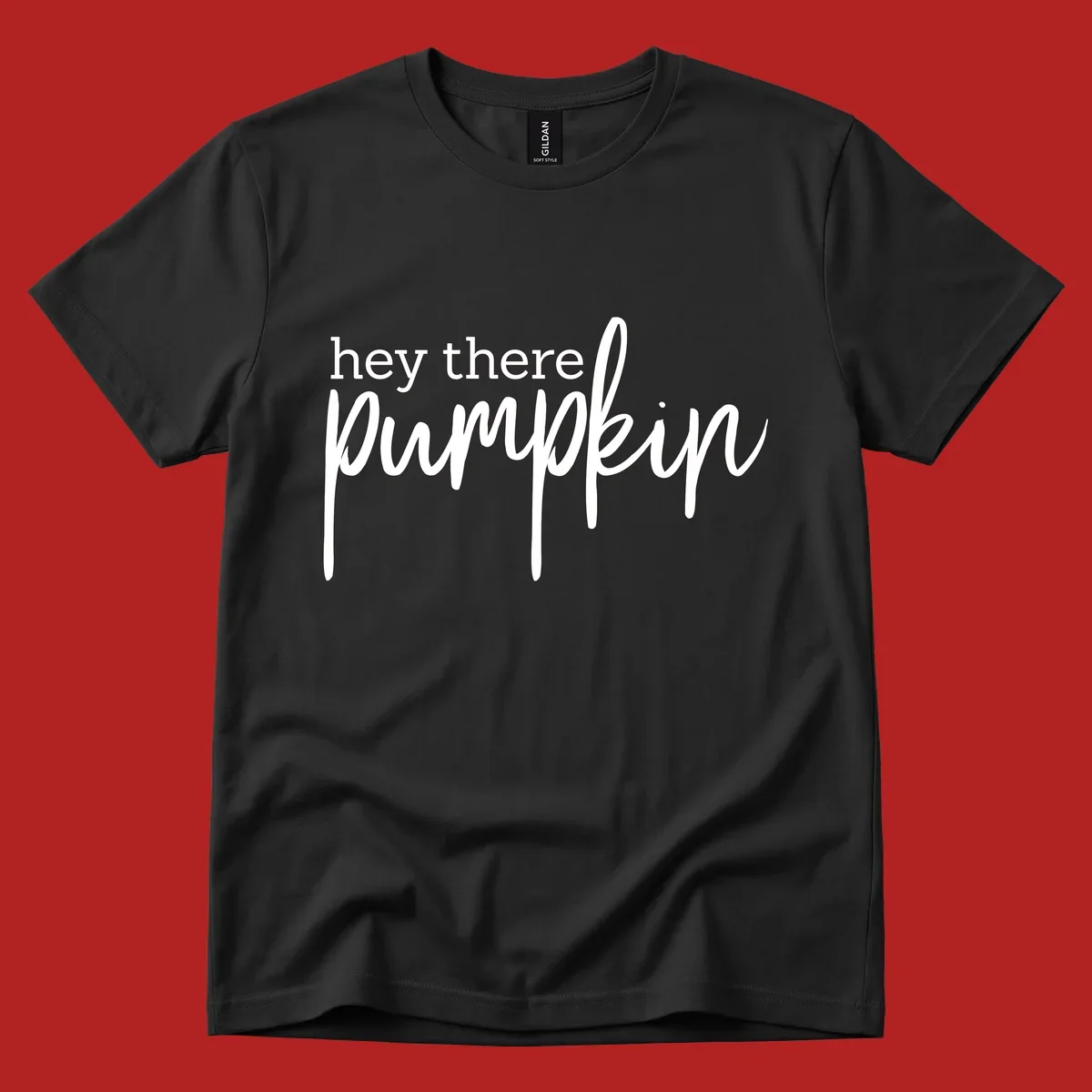 White text design with "hey there" in block font and "pumpkin" in script font, on a black background.