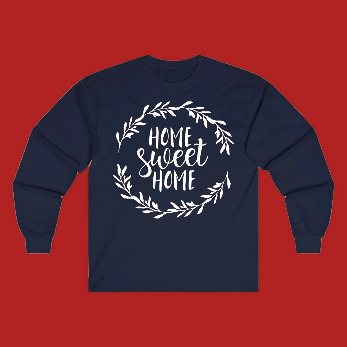 White 'Home Sweet Home' text with a floral wreath on a dark background.