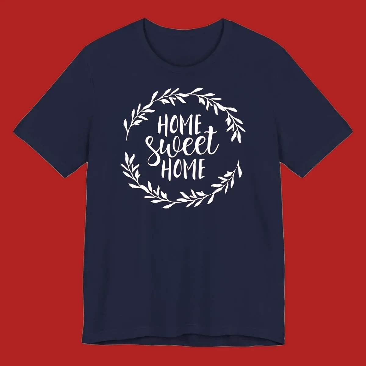 White 'Home Sweet Home' text with a floral wreath on a dark background.