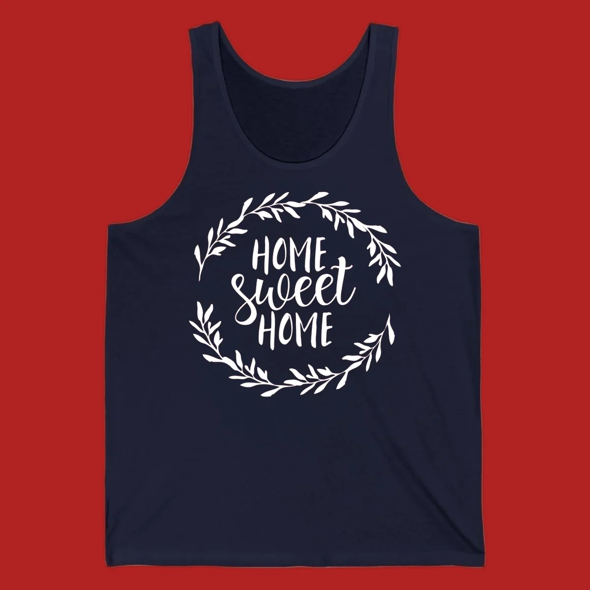White 'Home Sweet Home' text with a floral wreath on a dark background.