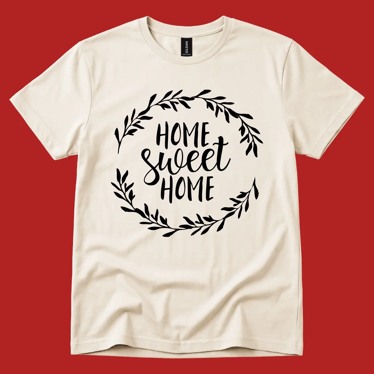 White 'Home Sweet Home' text with a floral wreath on a dark background.