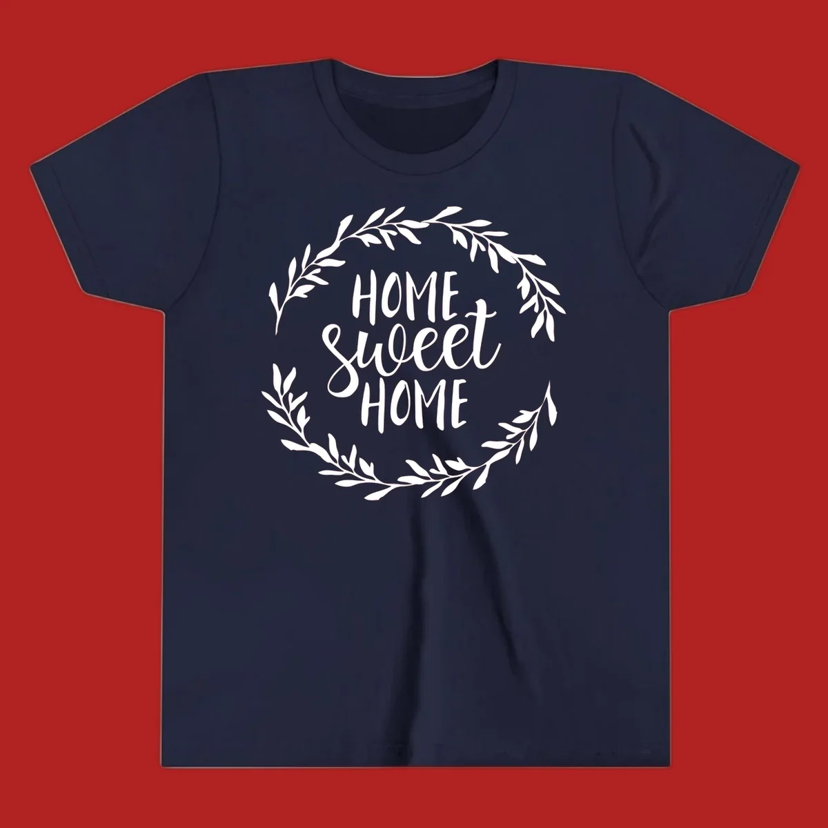 White 'Home Sweet Home' text with a floral wreath on a dark background.