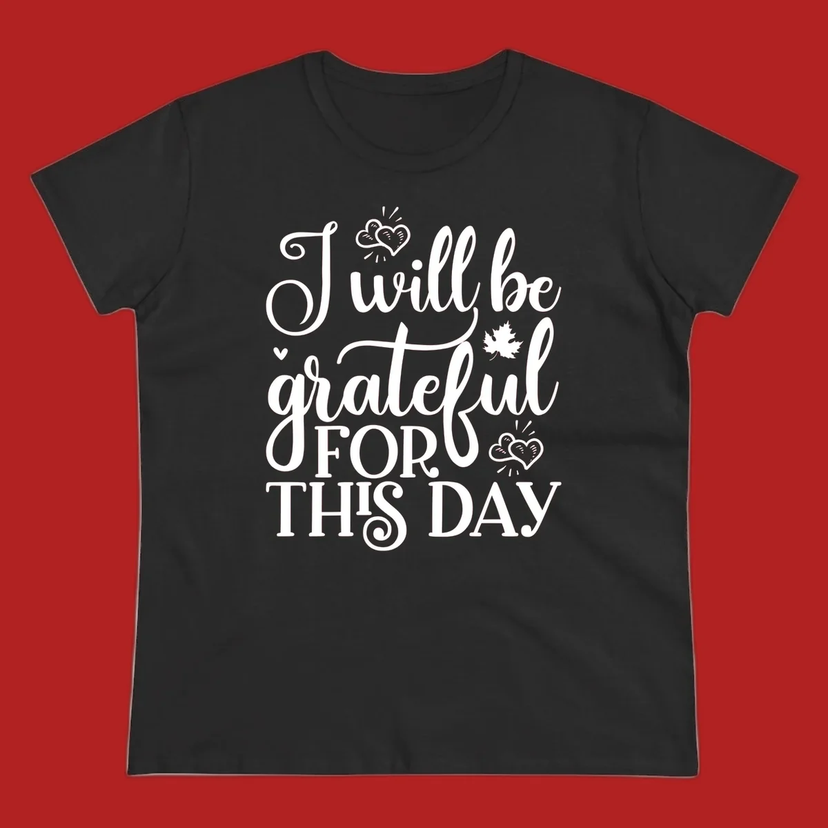 Grateful for this day text with hearts and leaf illustration