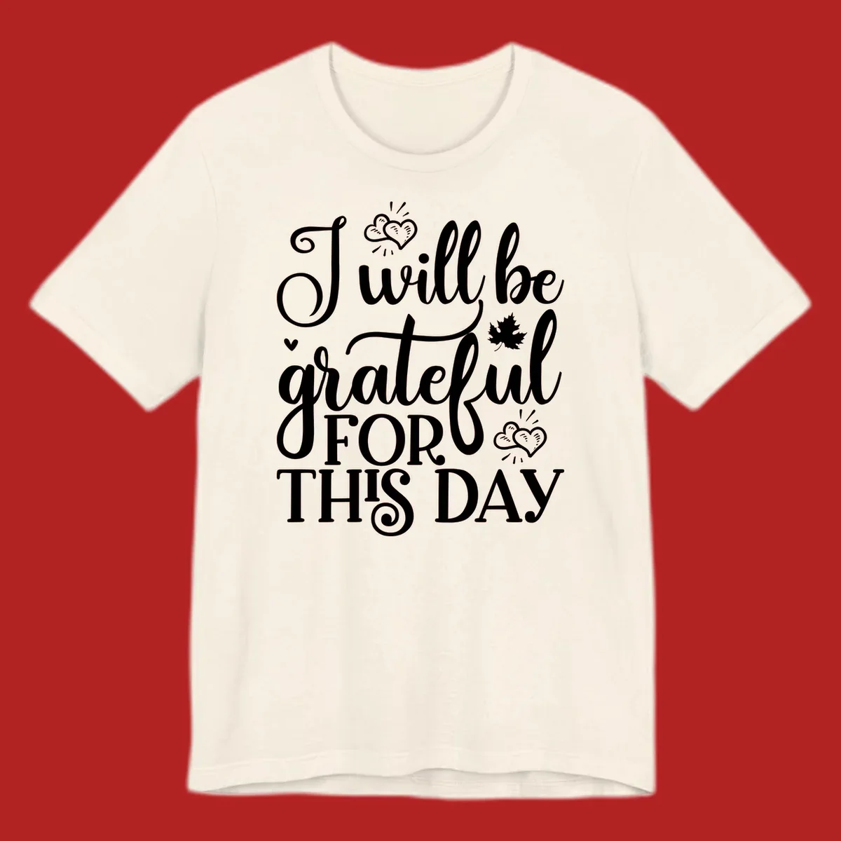 Grateful for this day text with hearts and leaf illustration