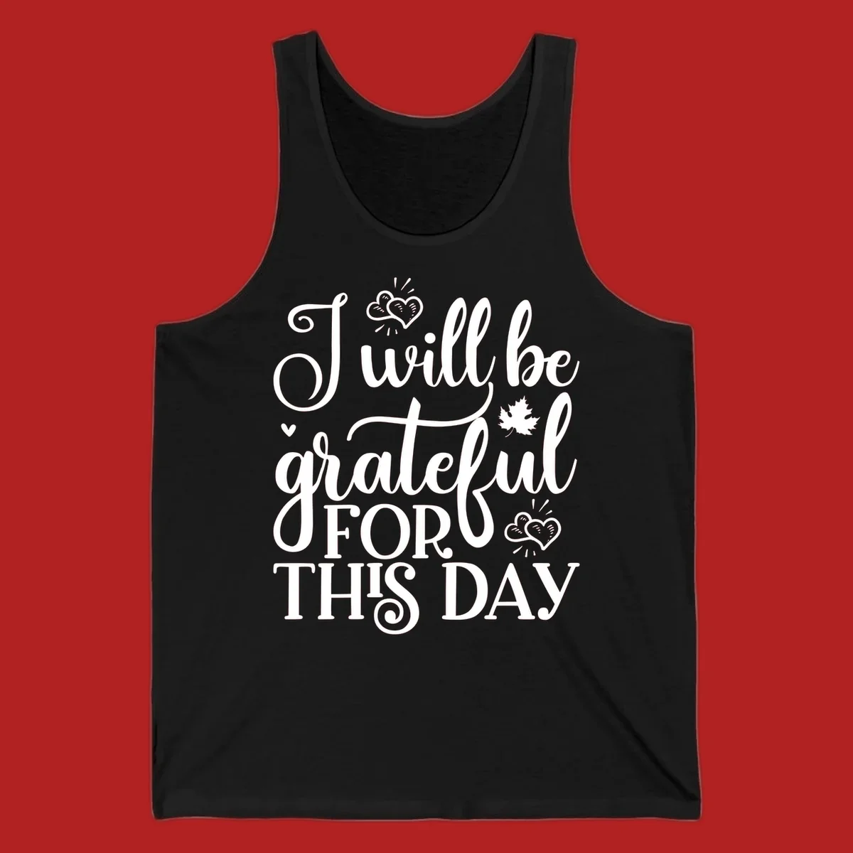 Grateful for this day text with hearts and leaf illustration