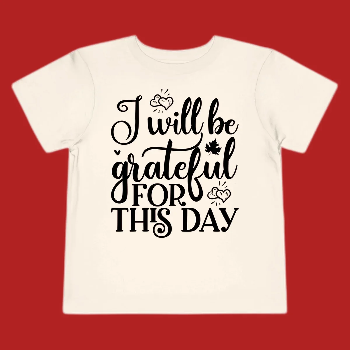 Grateful for this day text with hearts and leaf illustration