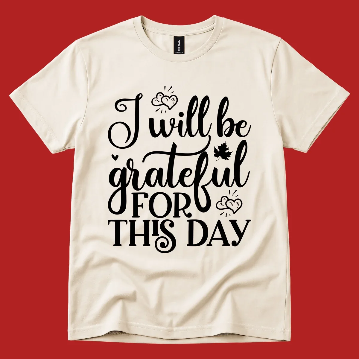 Grateful for this day text with hearts and leaf illustration