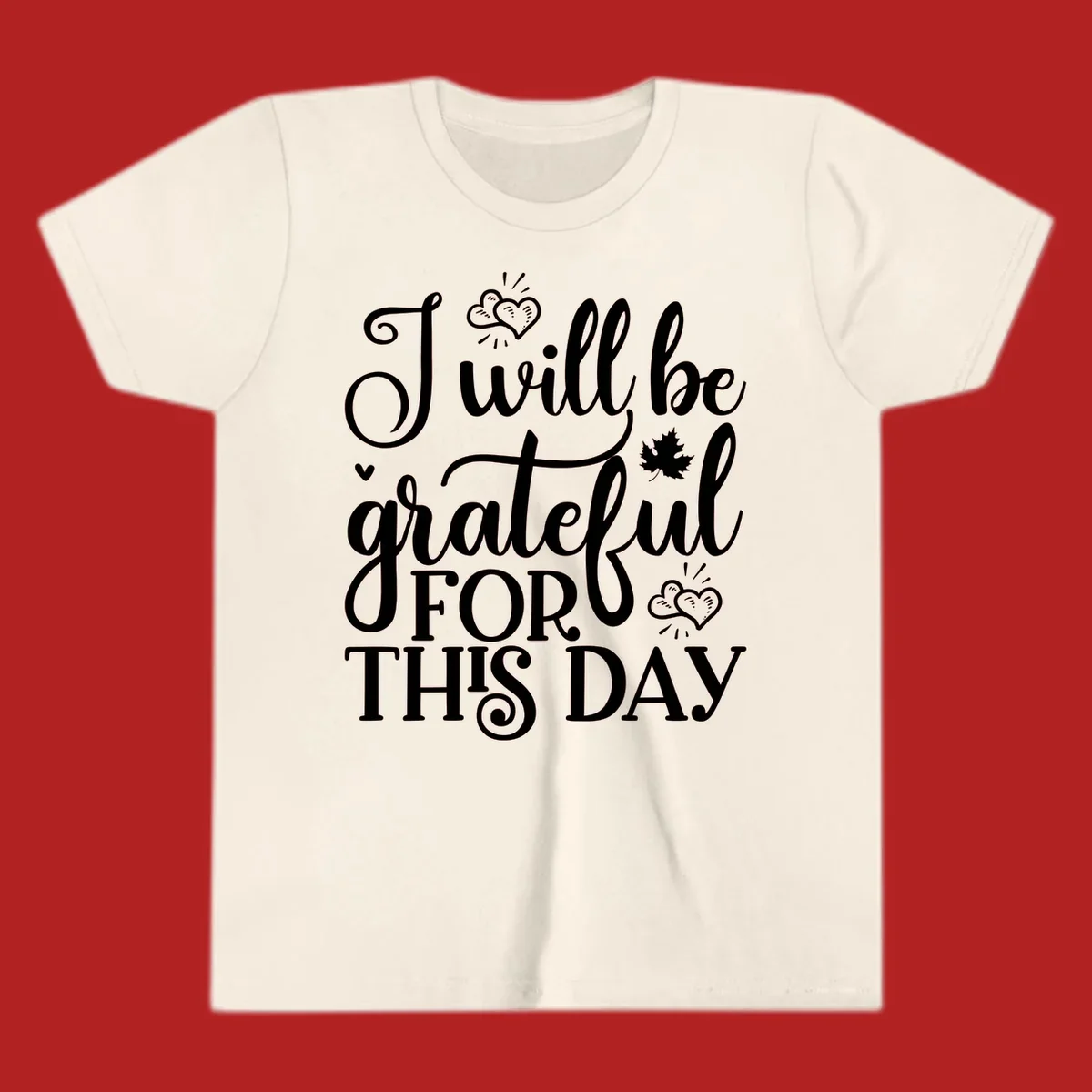 Grateful for this day text with hearts and leaf illustration