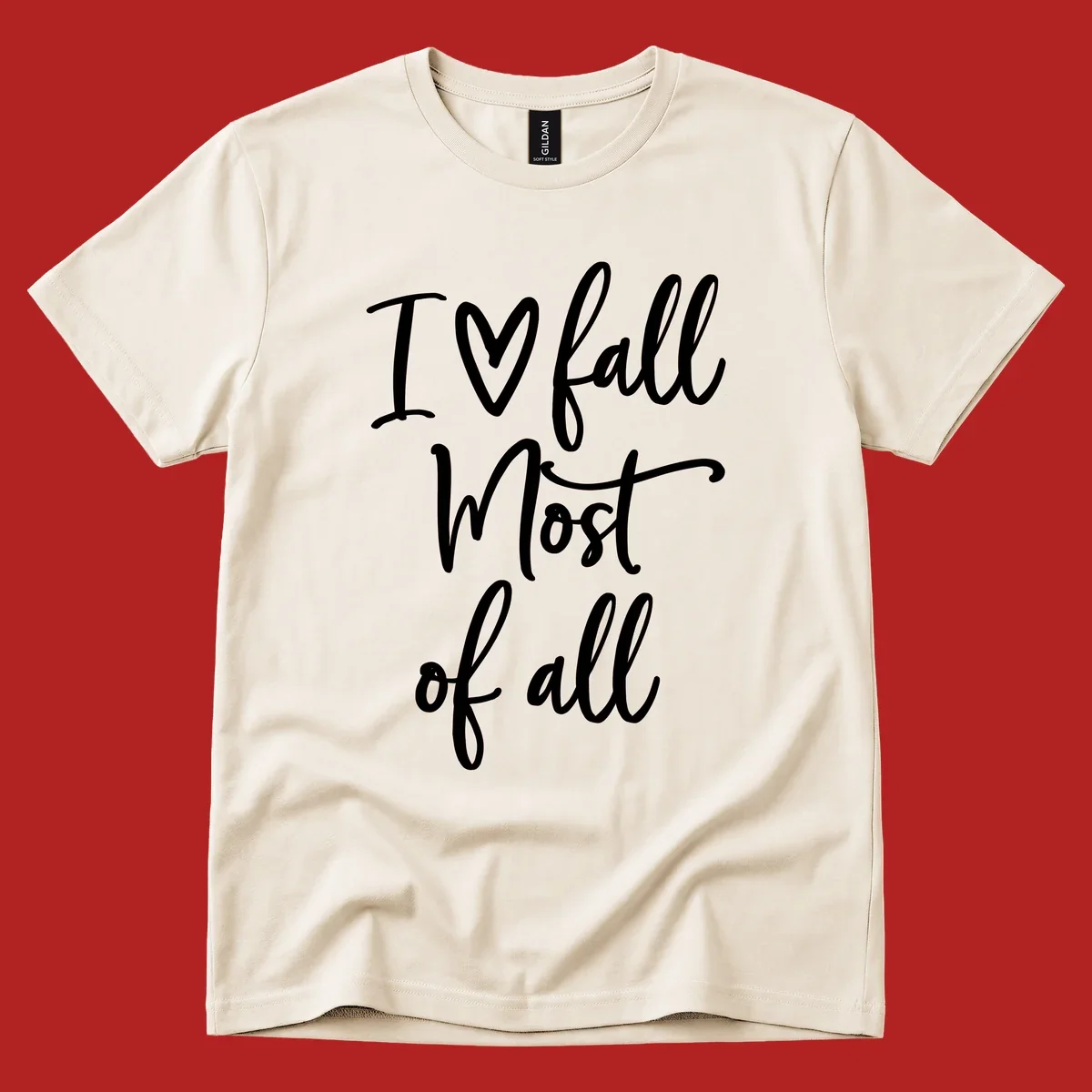 Hand-drawn script text 'I ♡ fall Most of all' in white on a black background.