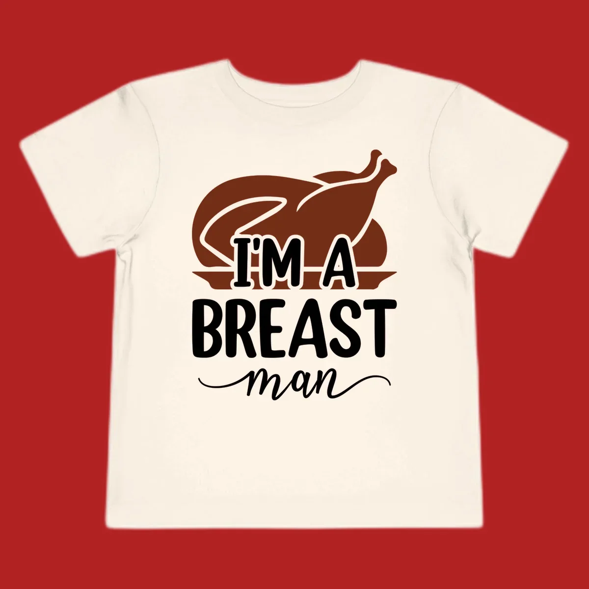 Thanksgiving turkey with text 'I'm a breast man', holiday graphic.