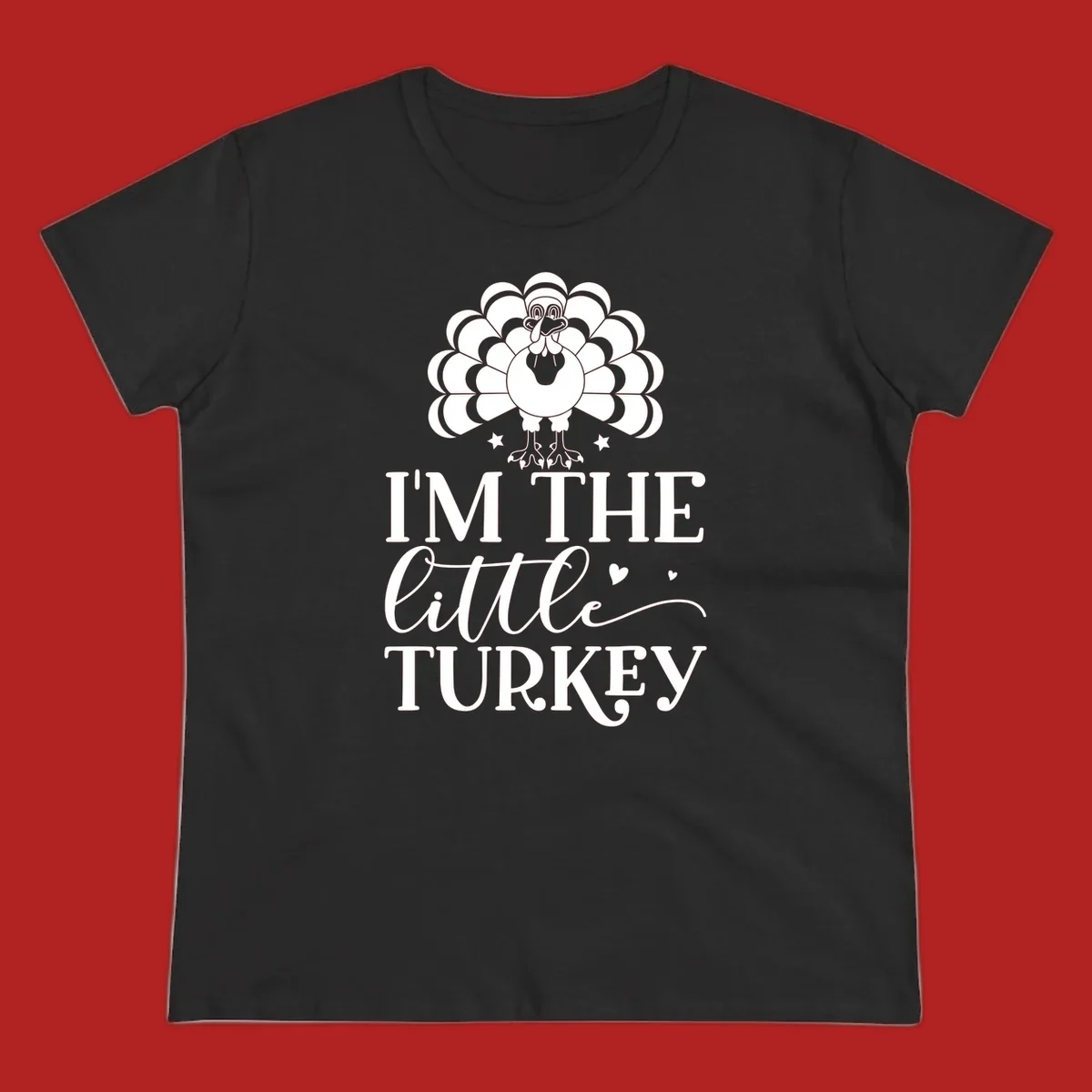 Illustration of a turkey with text 'I'M THE Little TURKEY', for Thanksgiving.