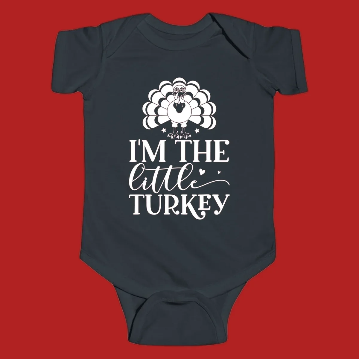 Illustration of a turkey with text 'I'M THE Little TURKEY', for Thanksgiving.