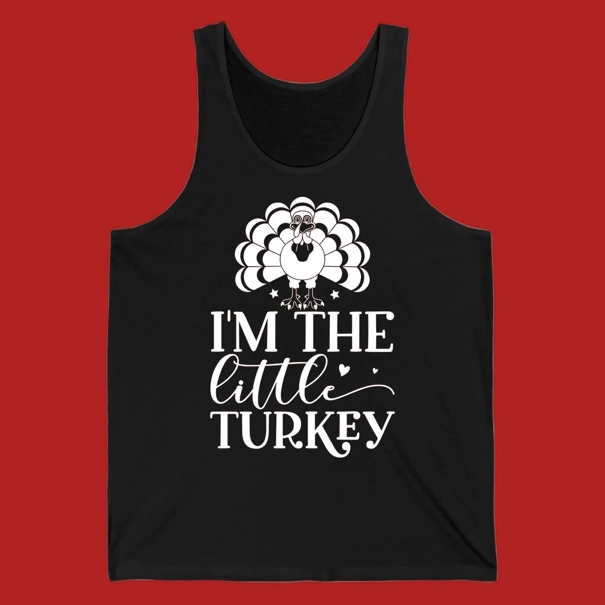 Illustration of a turkey with text 'I'M THE Little TURKEY', for Thanksgiving.