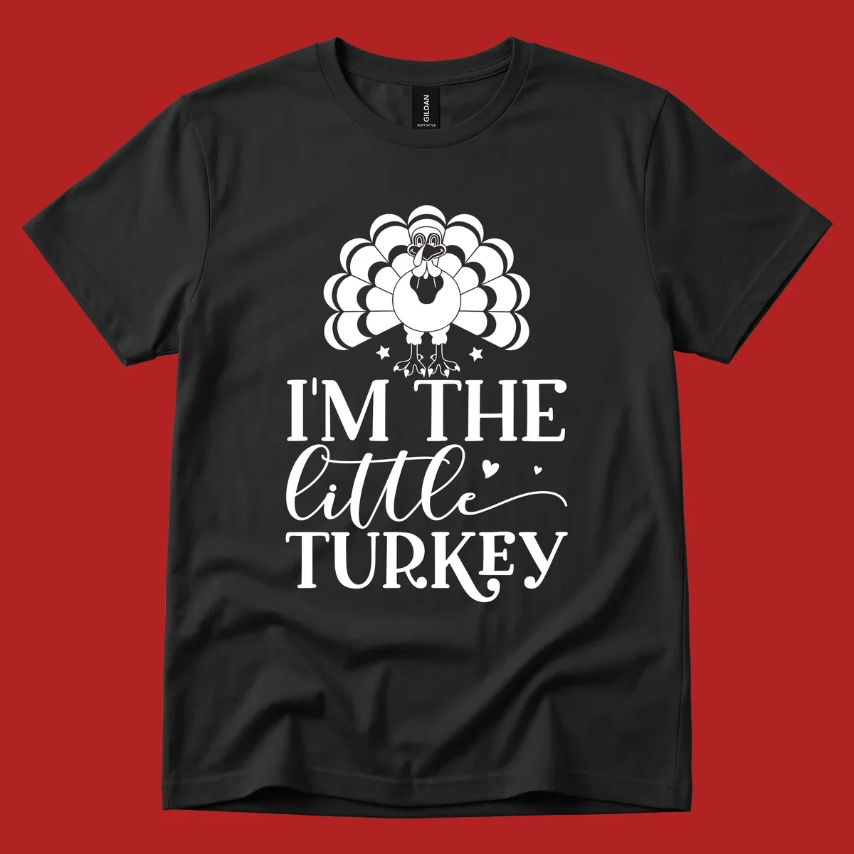 Illustration of a turkey with text 'I'M THE Little TURKEY', for Thanksgiving.