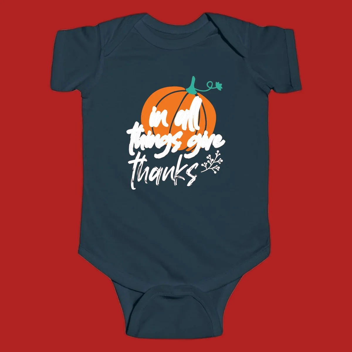 Thanksgiving pumpkin with 'in all things give thanks' text, autumn holiday design.
