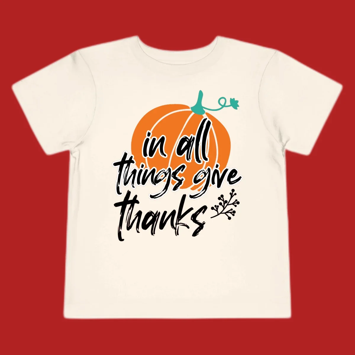 Thanksgiving pumpkin with 'in all things give thanks' text, autumn holiday design.