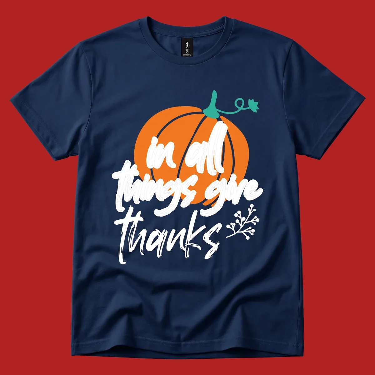 Thanksgiving pumpkin with 'in all things give thanks' text, autumn holiday design.