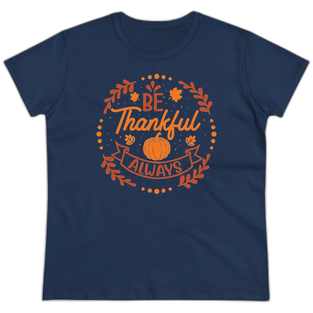 Be Thankful Always Pumpkin Design Ladies Tee in Navy