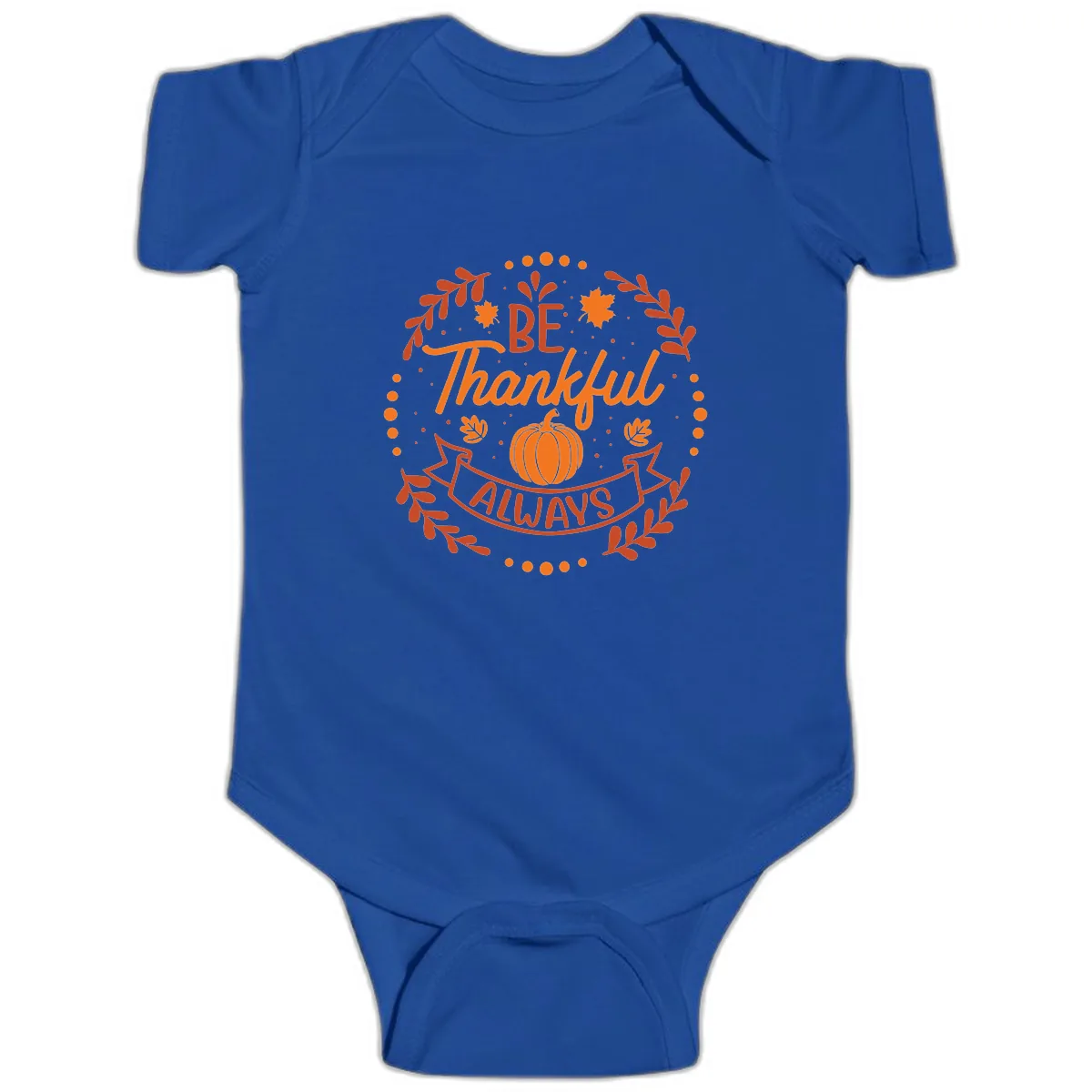 Be Thankful Always Pumpkin Design Baby Onesie in Royal