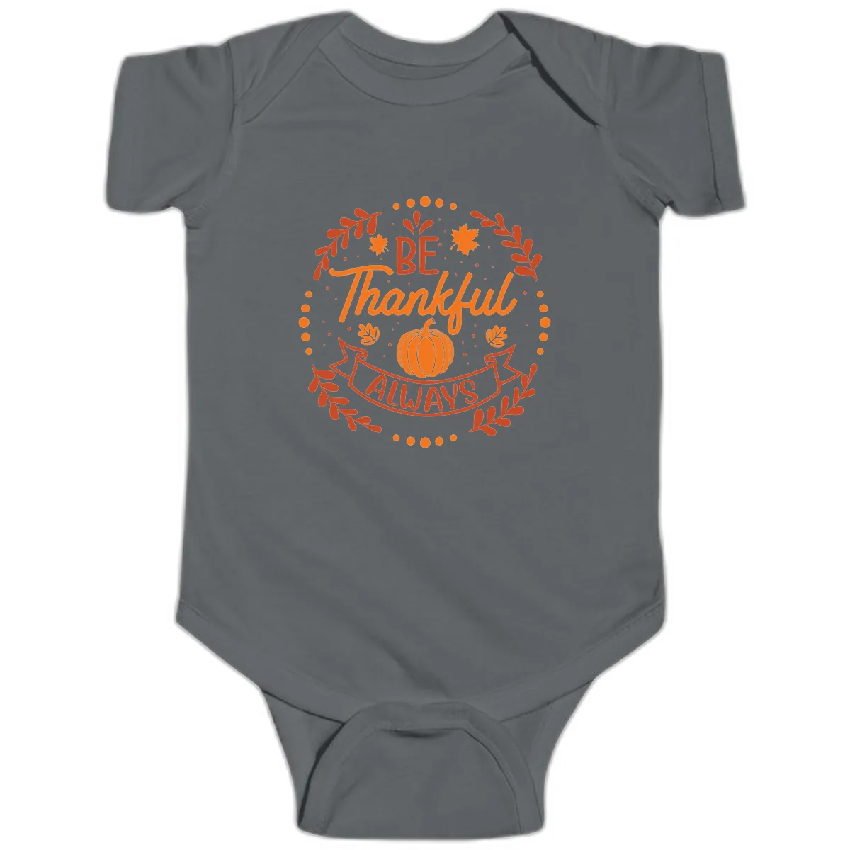 Be Thankful Always Pumpkin Design Baby Onesie in Charcoal