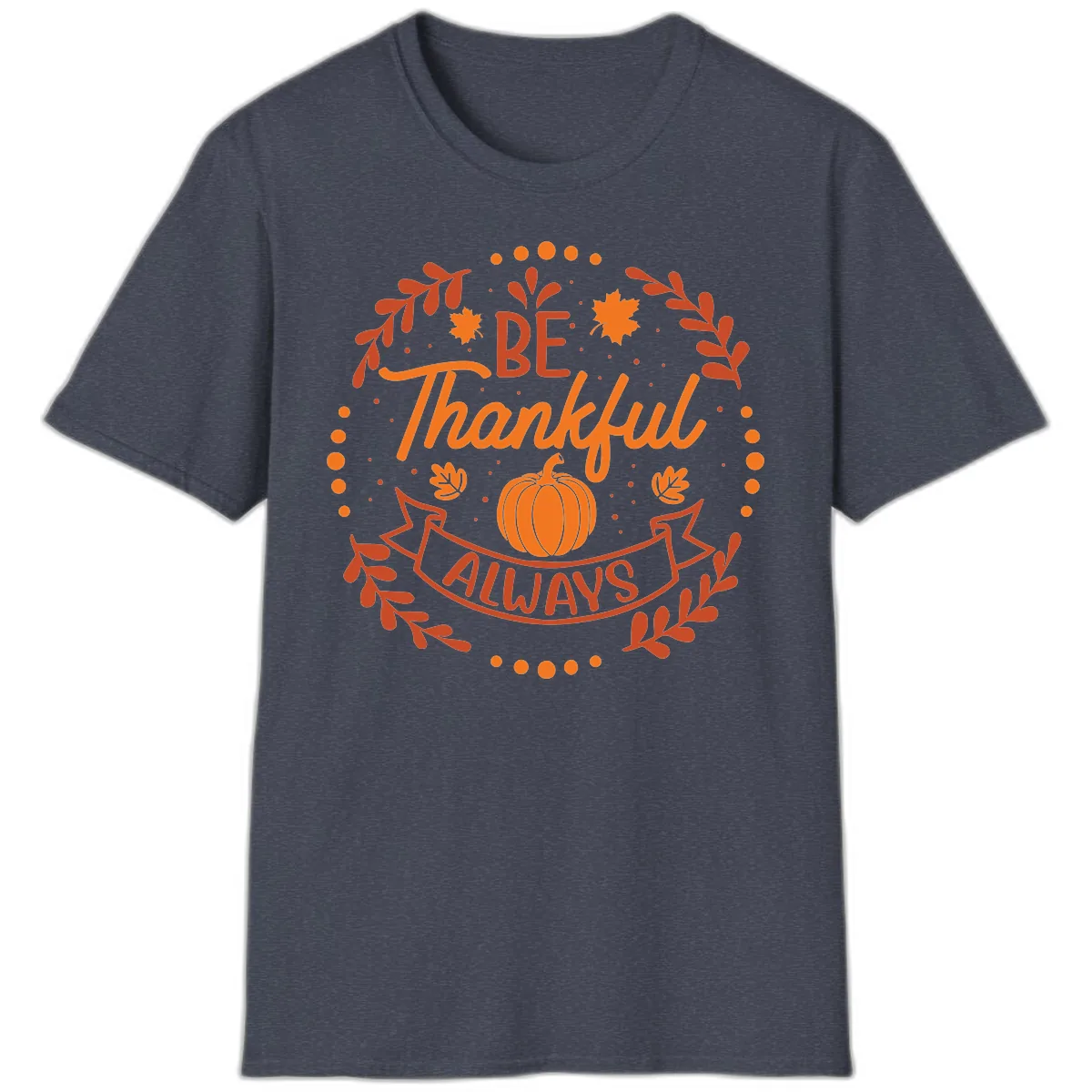 Be Thankful Always Pumpkin Design T-Shirt in Heather Navy