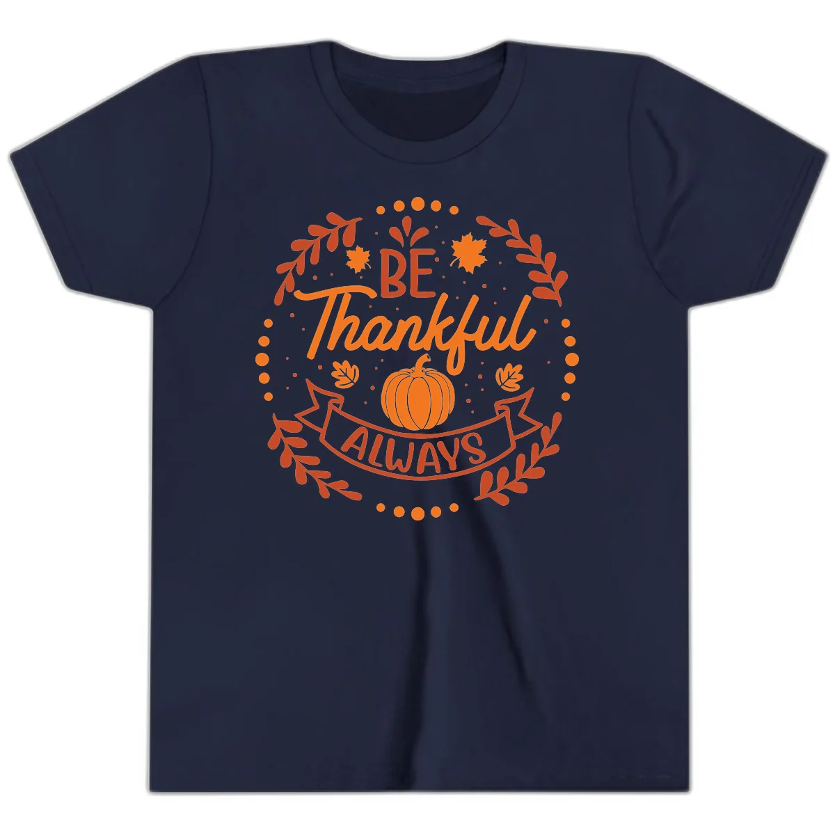 Be Thankful Always Pumpkin Design Youth T-Shirt in Navy