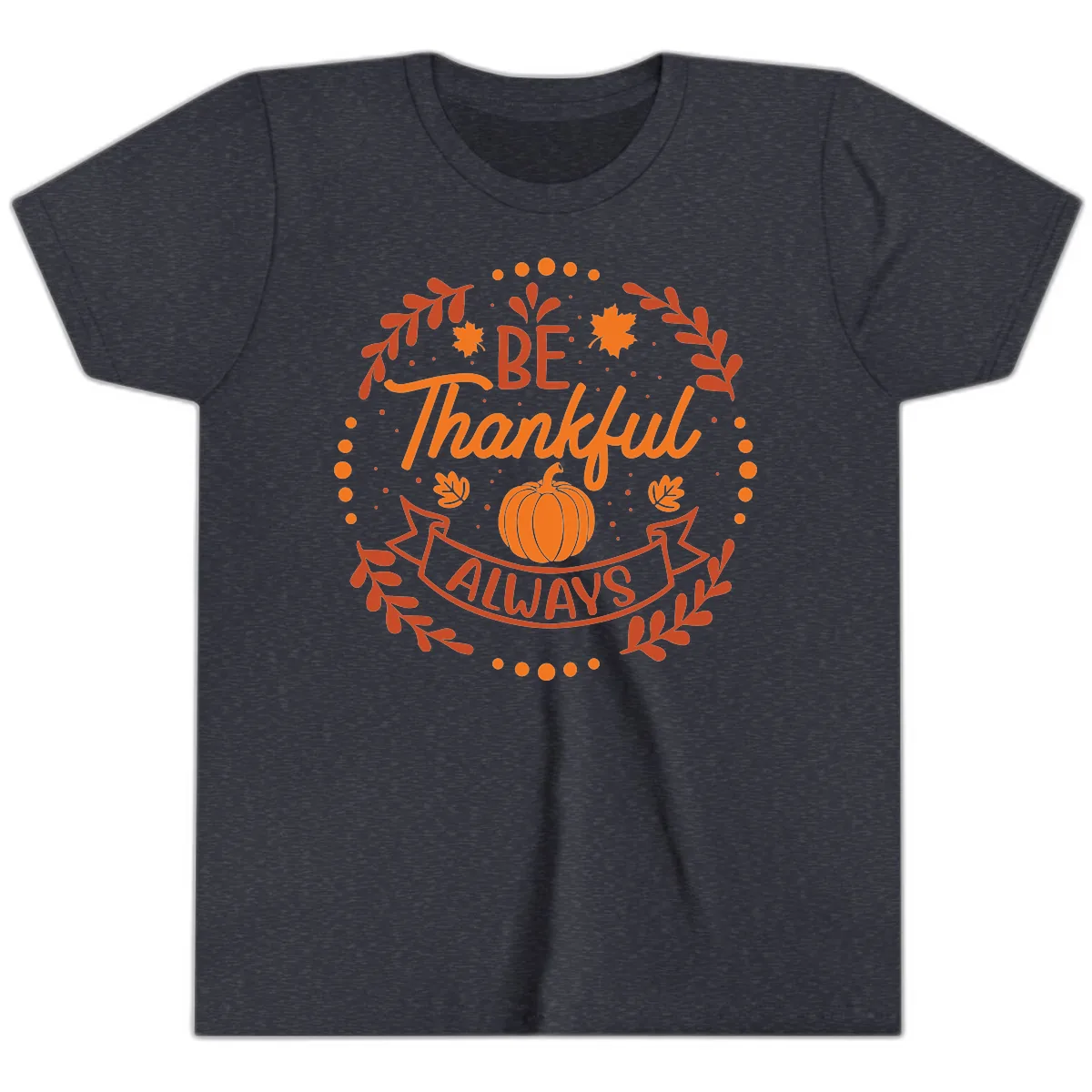 Be Thankful Always Pumpkin Design Youth T-Shirt in Heather Navy
