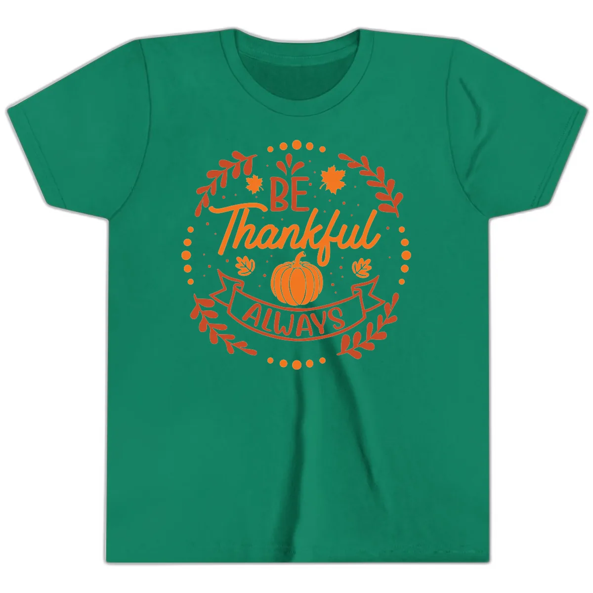 Be Thankful Always Pumpkin Design Youth T-Shirt in Kelly