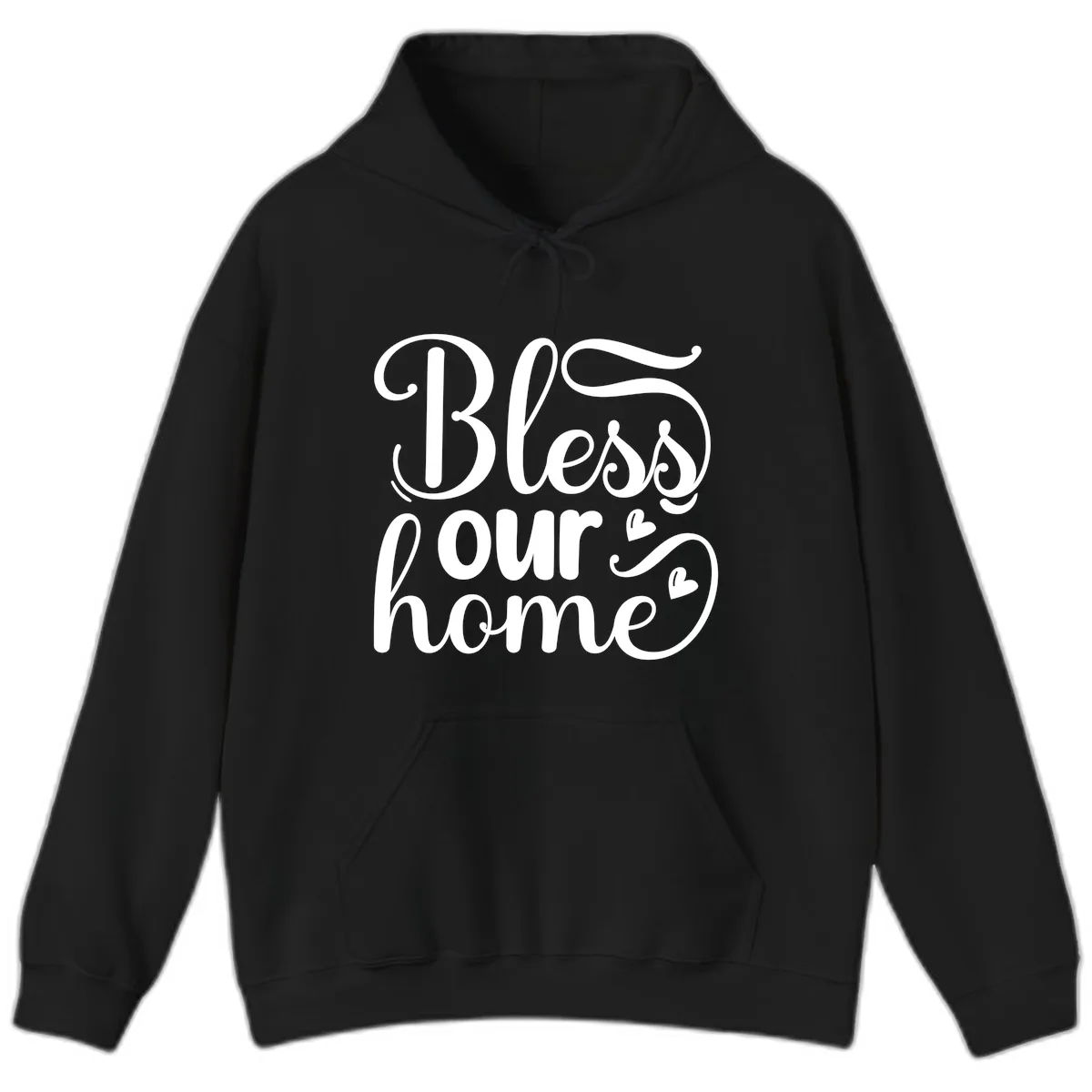 Bless Our Home Script Typography Hoodie in Black
