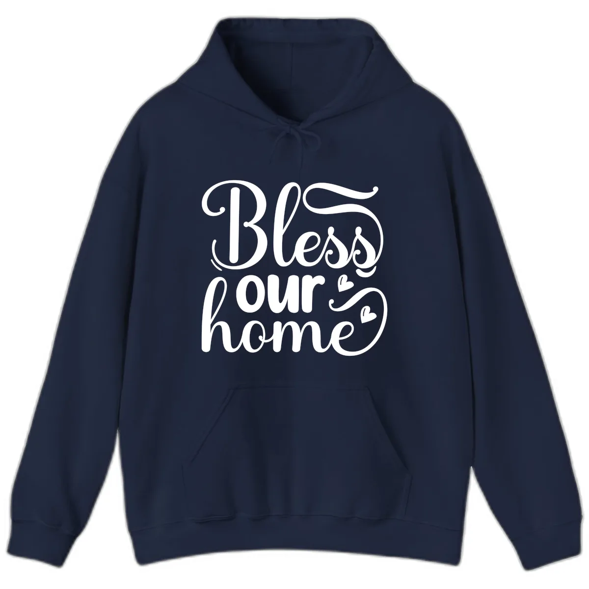 Bless Our Home Script Typography Hoodie in Navy