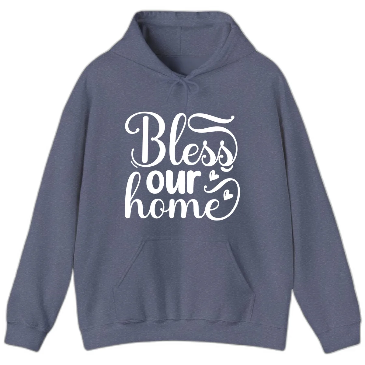 Bless Our Home Script Typography Hoodie in Heather Navy