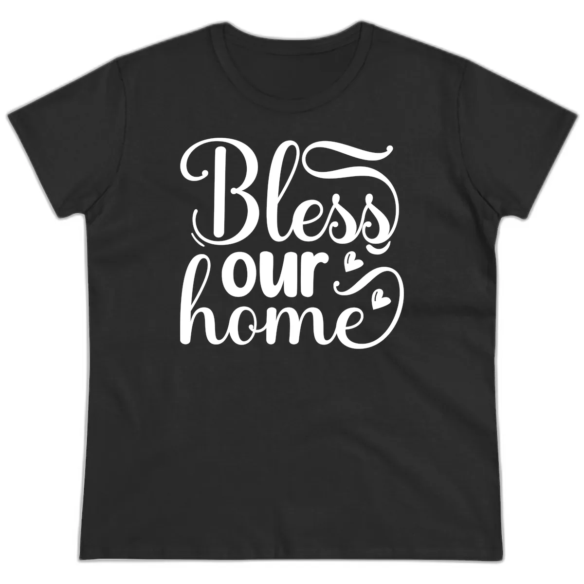 Bless Our Home Script Typography Ladies Tee in Black