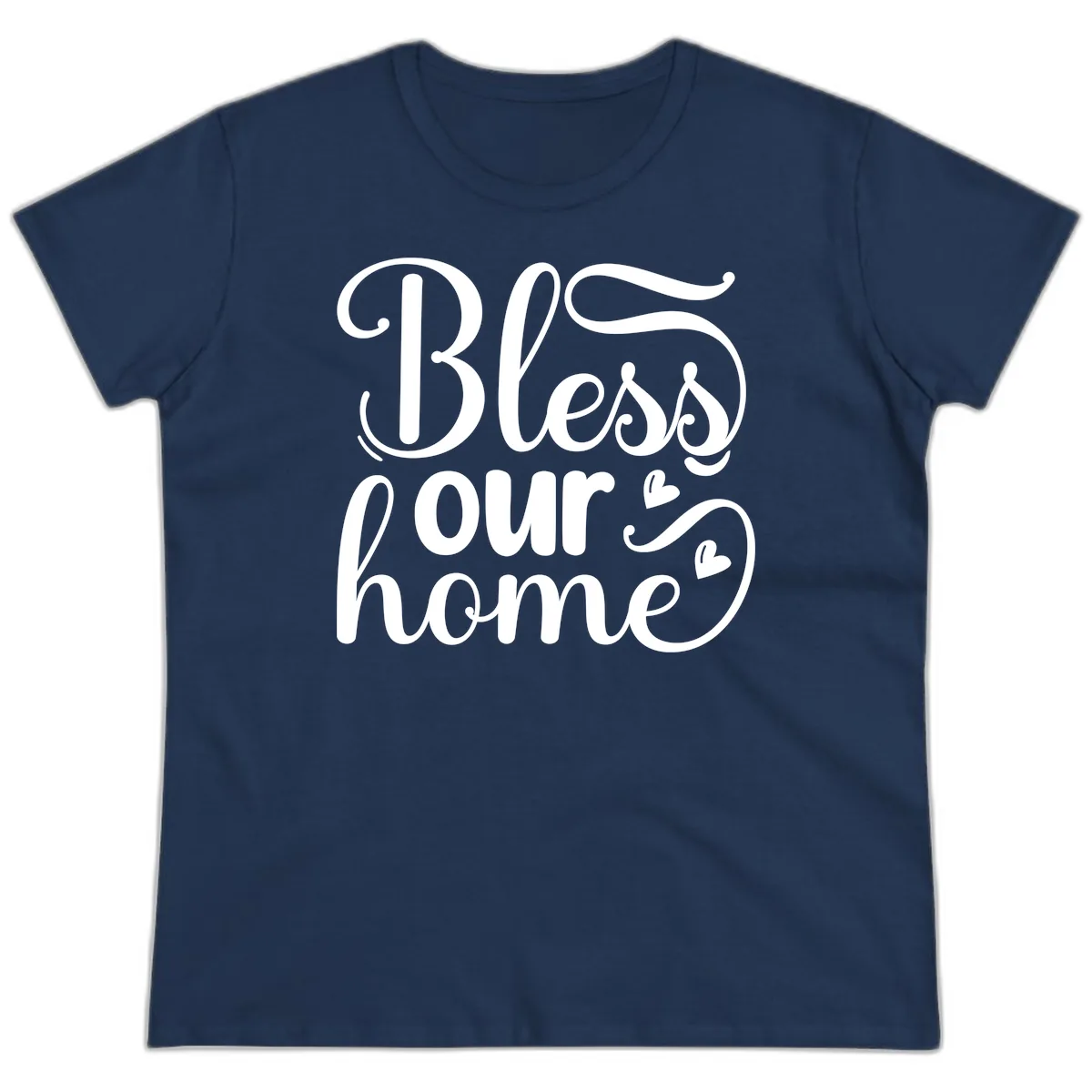 Bless Our Home Script Typography Ladies Tee in Navy
